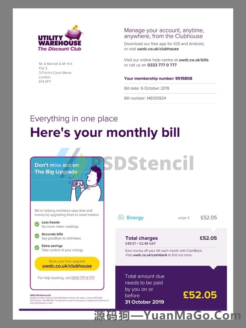 英国UK WareHouse Energy Utility Bills水电费账单模版/KYC地址证明pdf模板-源码狗