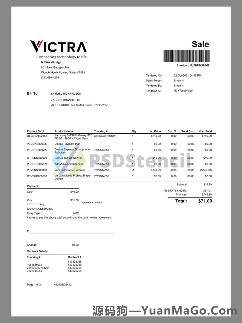 北美|USA Victra Sale Invoice美国消费购物账单/KYC地址证明word模版/pdf模板-源码狗