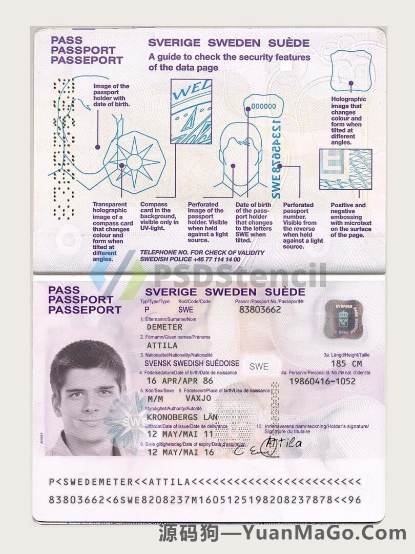 欧洲|北欧|Sweden Passport瑞典护照PSD模版/photoshop模版/PS模板（V2版）-源码狗