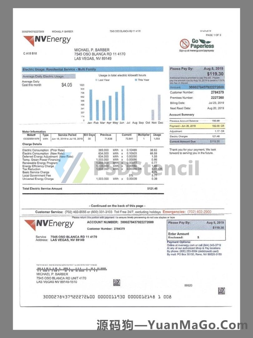 美国USA Nevada NVEnergy Utility Bills水电费账单模版/KYC地址证明pdf模板-源码狗