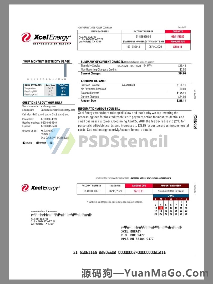 USA Xcel Energy Utility Bills美国水电费账单模版/KYC地址证明word模版/pdf模板-源码狗