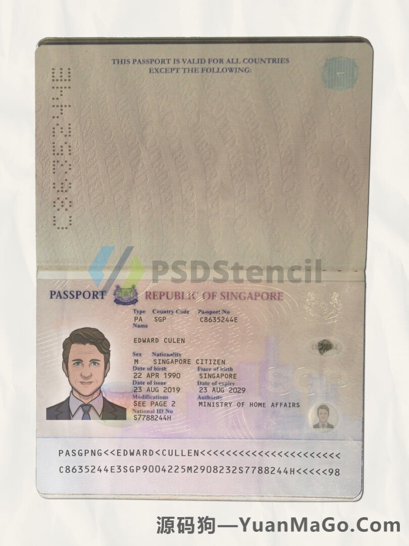 东南亚|Singapore Passport新加坡护照PSD模版/Photoshop模版/PS模板（扫描件版）-源码狗