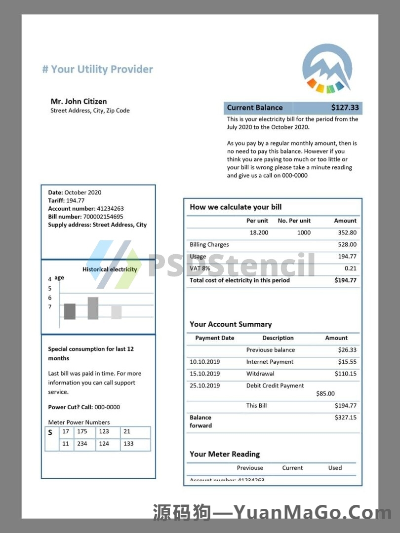 北美|加拿大Canada Cycle Energy Utility Bills水电费账单模版/KYC地址证明word模板-源码狗