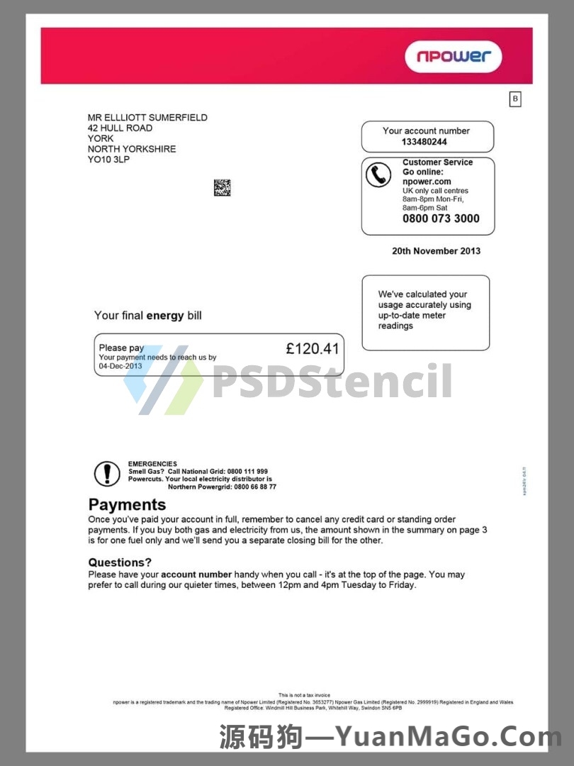 欧洲|英国UK Npower Energy Utility Bills水电费账单模版/KYC地址证明pdf模板-源码狗