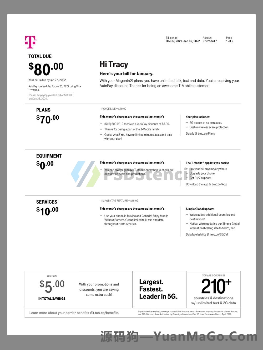 USA T-mobile Invoice美国移动话费账单pdf模板-源码狗