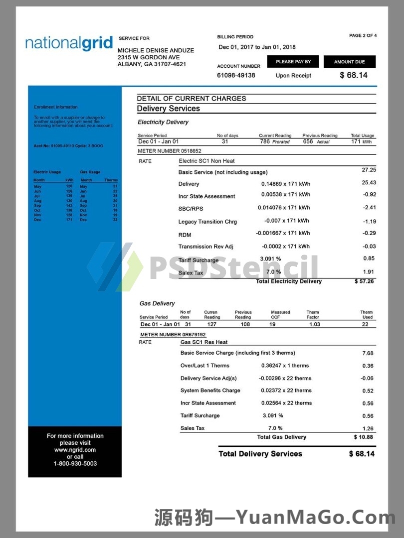 USA&UK NationalGrid Utility Bills美国模版/英国水电费账单PS模版/PSD模板-源码狗