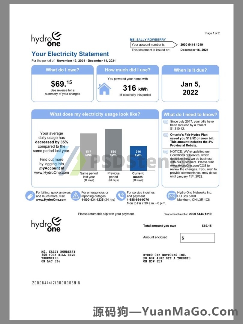 北美|Canada Ontario Hydro One Utility Bills加拿大安大略水电费账单pdf模板-源码狗