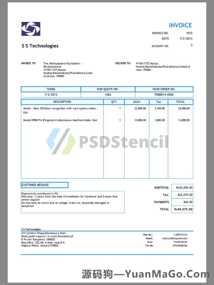 南亚|India SS Technologies Invoice印度软件购物账单word模版/pdf模板-源码狗