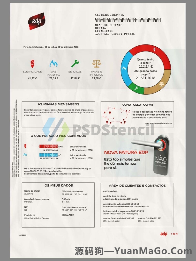 Portugal/Brazil EDP Energy Utility Bills葡萄牙模版/巴西水电费账单PSD模版/PS模板-源码狗