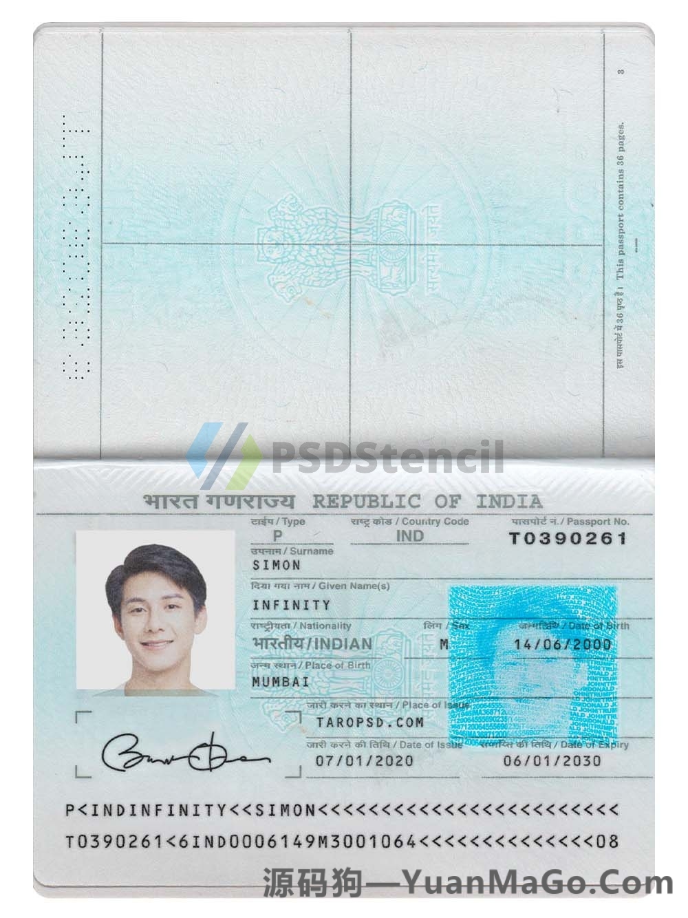 南亚| India Passport Template印度护照PS模版/Photoshop模版/PSD模板（V2）-源码狗