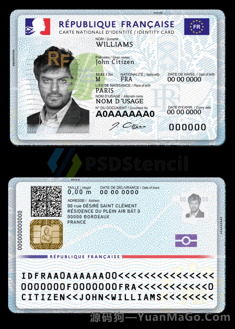 欧盟|France法国身份证ID卡PSD模板/Photoshop/PS (2022 NEW)-源码狗