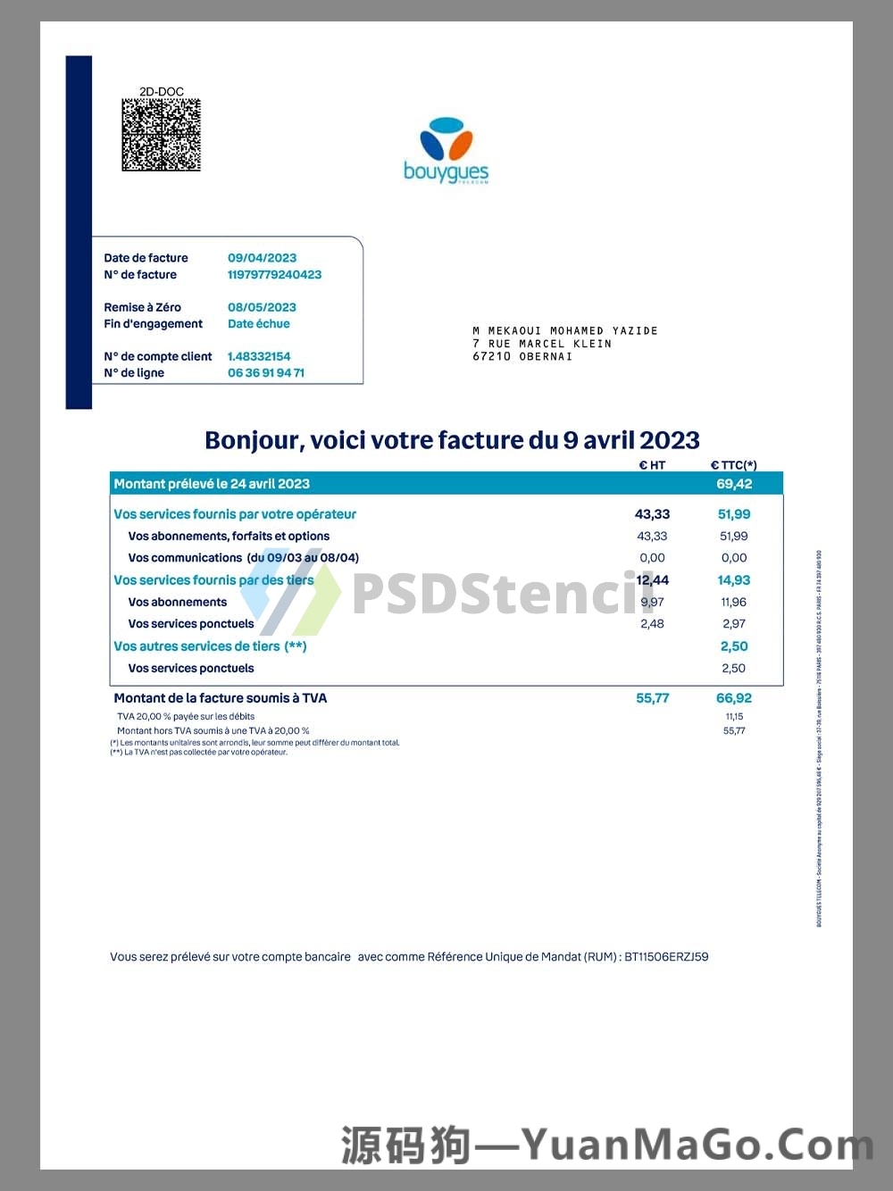 欧洲| France Bouygues Utility Bills法国话费账单模版/KYC地址证明pdf模板-源码狗