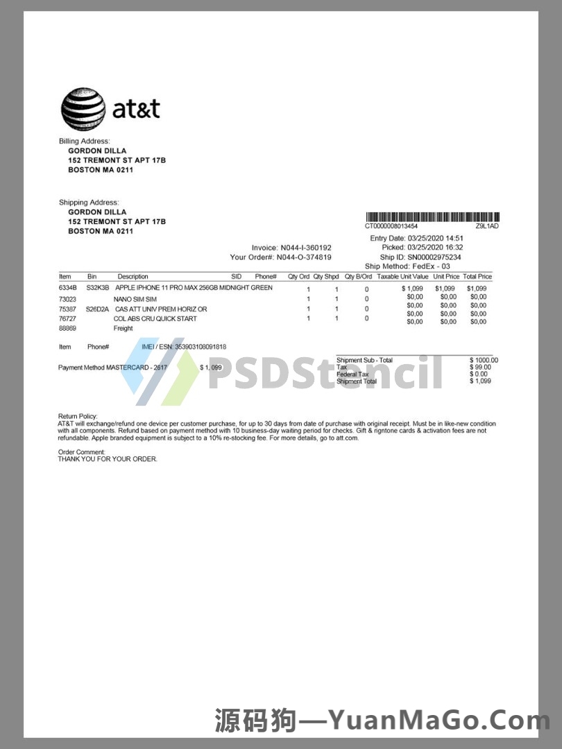 北美|USA AT&T Buy Iphone Invoice美国购物账单模版/KYC地址证明word模版/pdf模板-源码狗