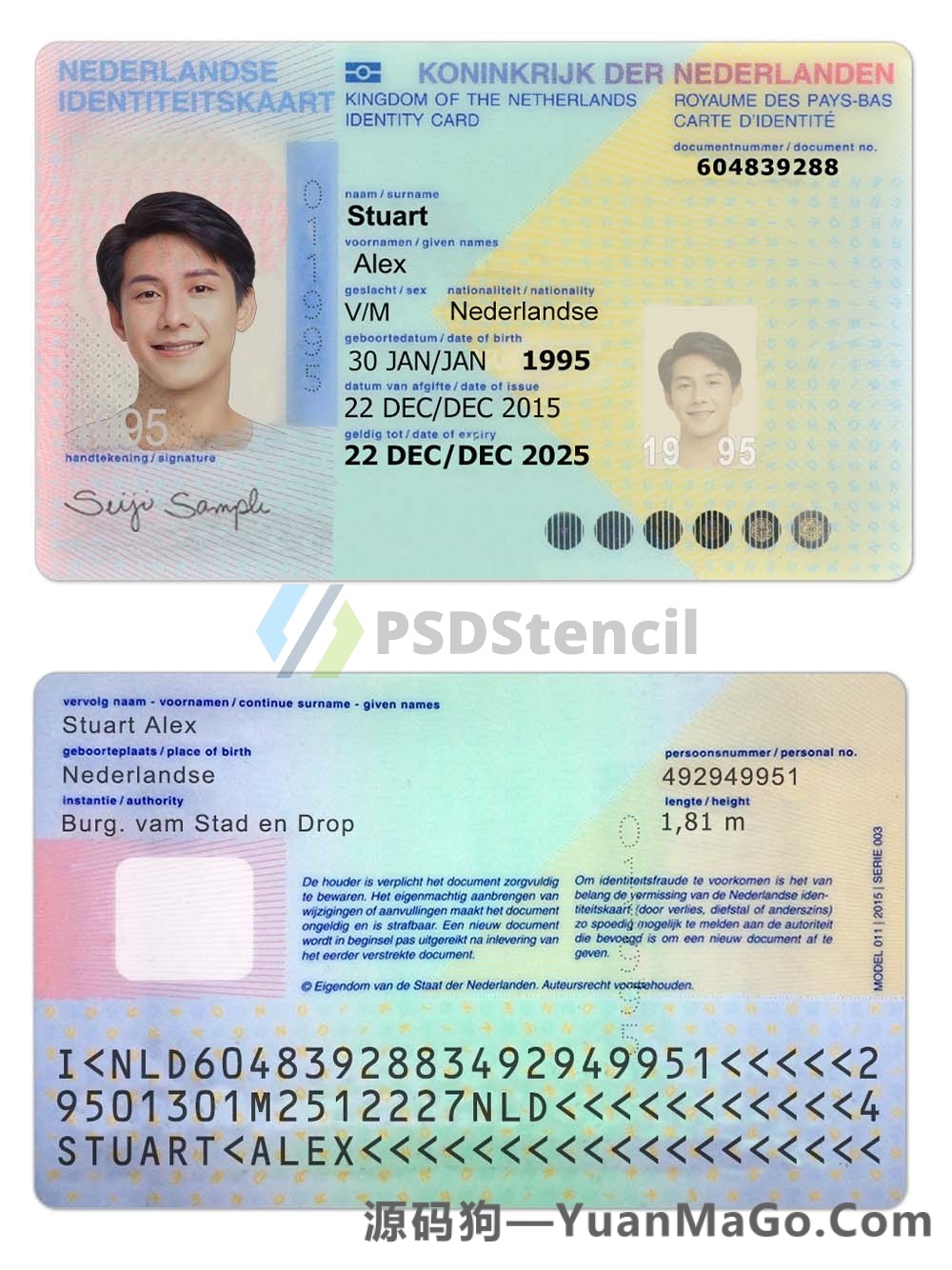 欧盟 | Netherlands荷兰ID卡模版/身份证卡Photoshop模版/PS/PSD模板（V2版）-源码狗