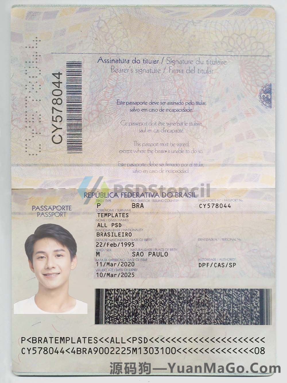 南美|Brazil Passport Template巴西护照PS模版/Photoshop模版/PSD模板（V2版）-源码狗