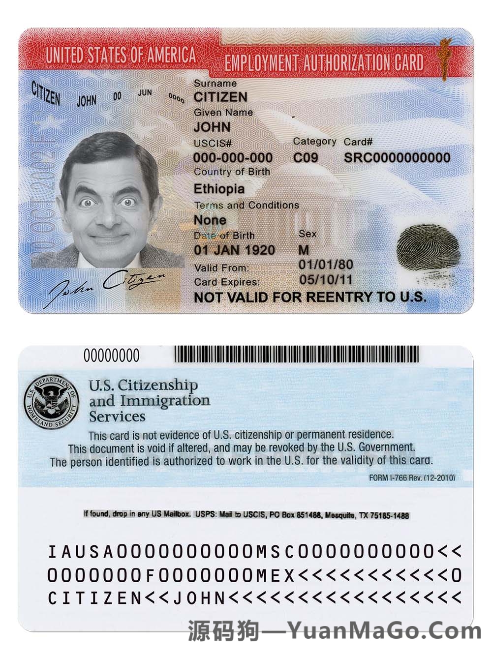USA Employment Authorization Card美国工卡模板/就业授权卡模版/工作许可证PSD模板-源码狗
