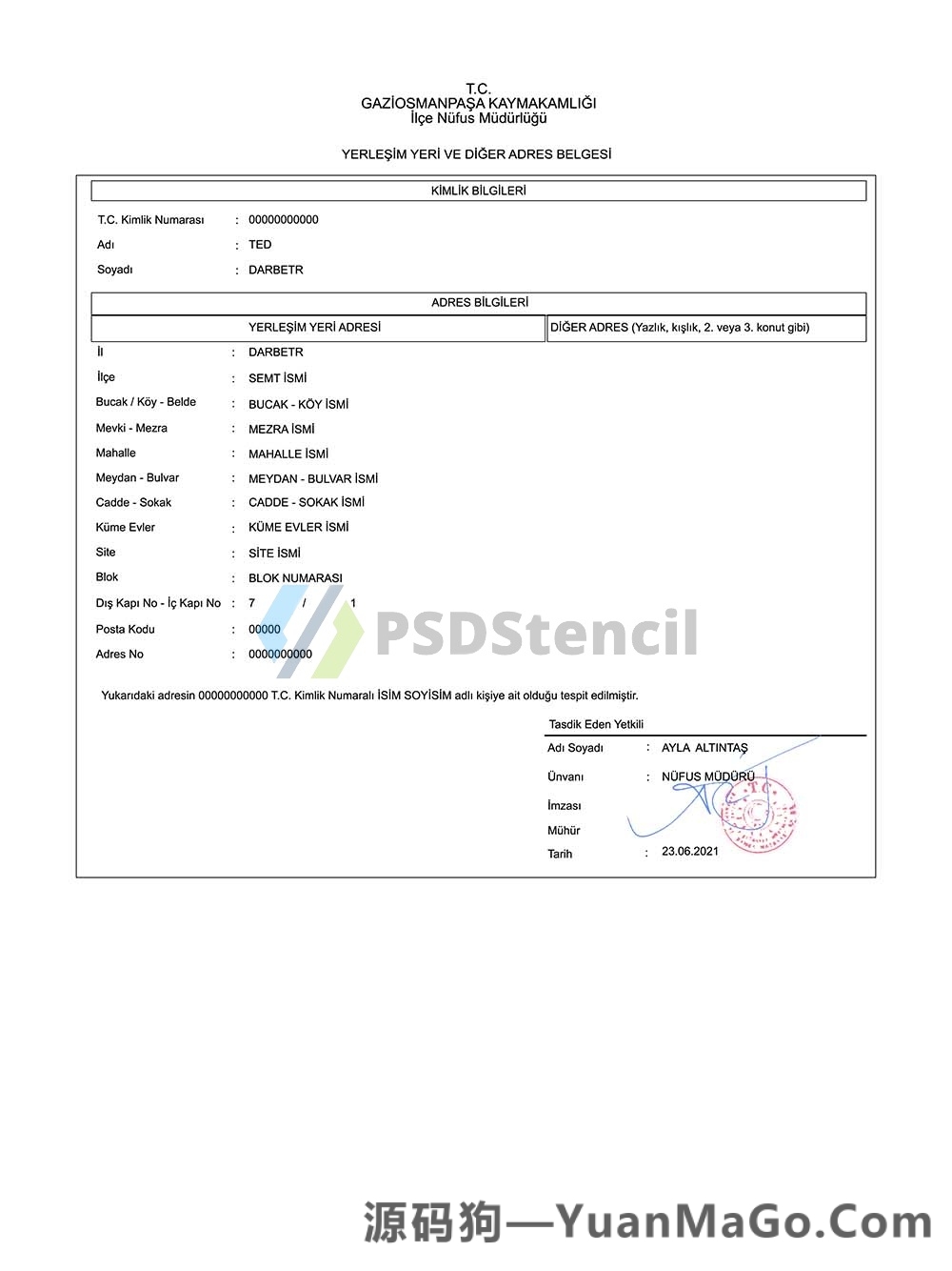 中东| Turkey Address Proof土耳其人口登记证明模版/KYC地址证明PS模版/PSD模板-源码狗