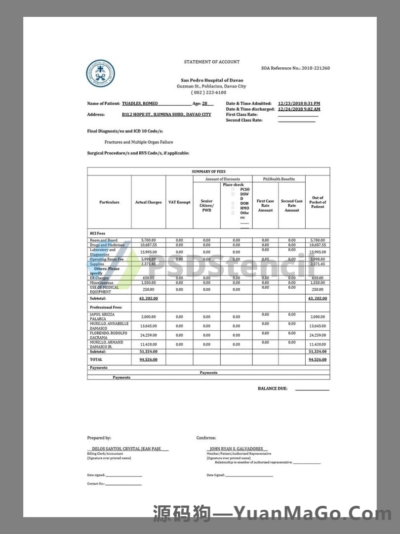 东南亚|菲律宾Philippines Davao San Pedro Hospital Bill医院账单模版/KYC地址证明pdf模板-源码狗