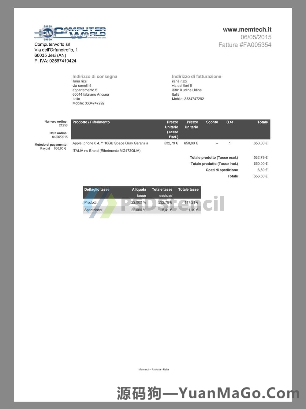 欧盟|Italy Computerworld Sales Invoice意大利购物账单模版/KYC地址证明pdf模板-源码狗