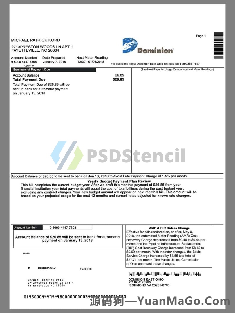 美国水电费账单资源包Utility Bills水电费账单模版/KYC地址证明pdf模版/psd模版/word模板-源码狗
