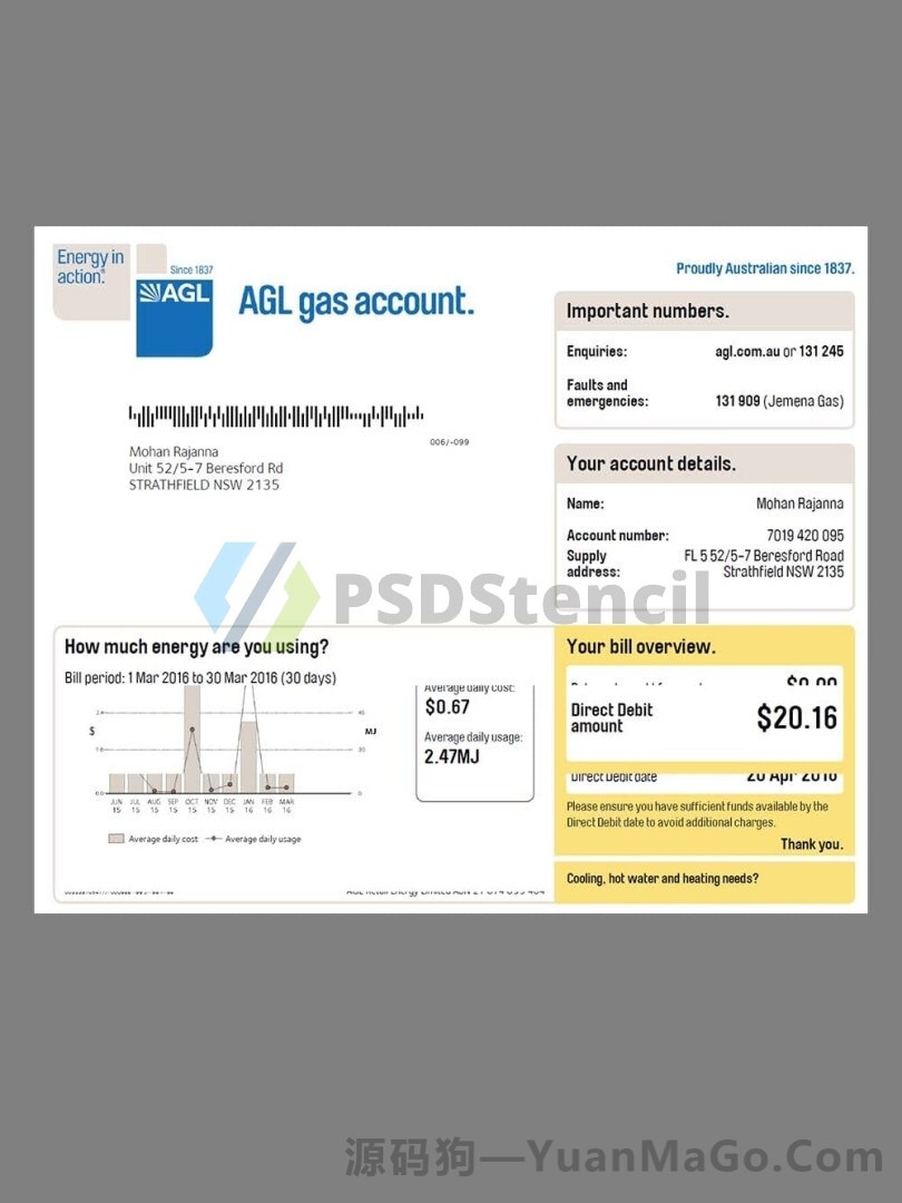 澳洲|Australia澳大利亚AGL Gas Utility Bills水电费账单模版/KYC地址证明pdf模板-源码狗