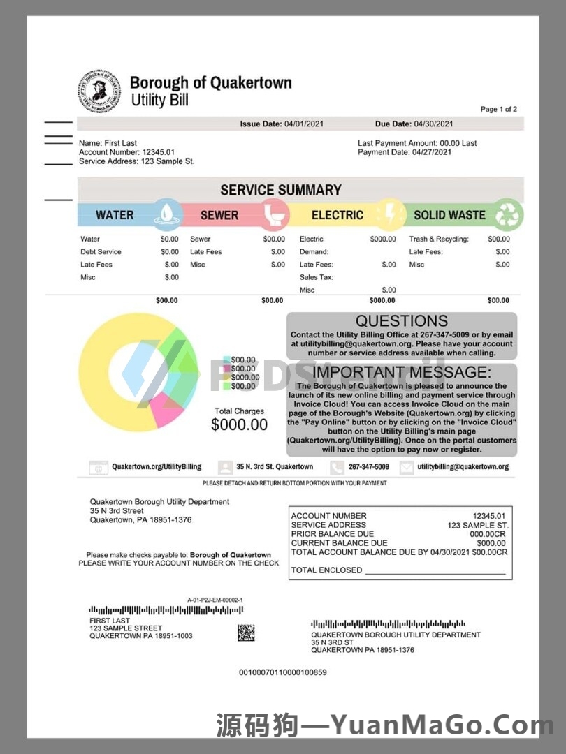 美国USA Pennsylvania Quakertown Energy Utility Bills水电费账单模版/KYC地址证明pdf模板-源码狗