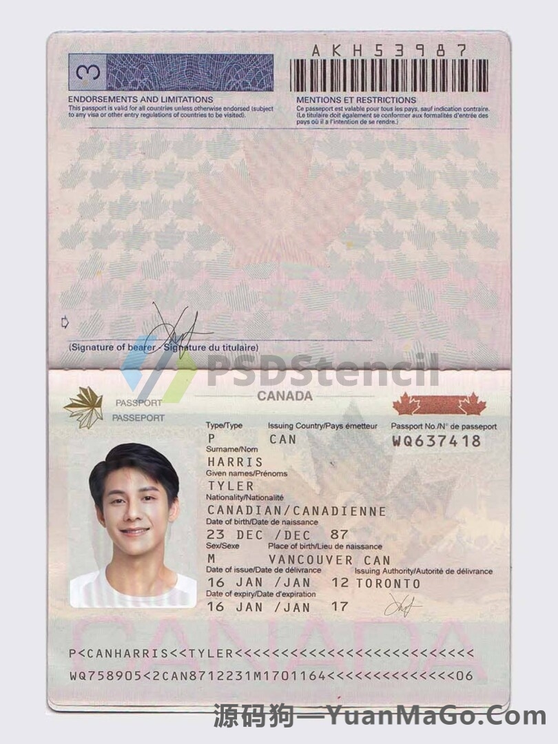 北美|Canada Passport加拿大护照PSD模版/photoshop模版/PS模板-源码狗