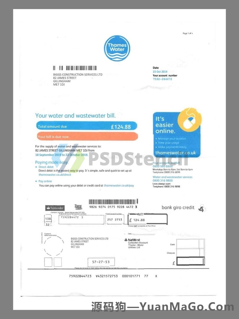 英国UK Thames Water Utility Bills水电费账单模版/KYC地址证明pdf模板-源码狗