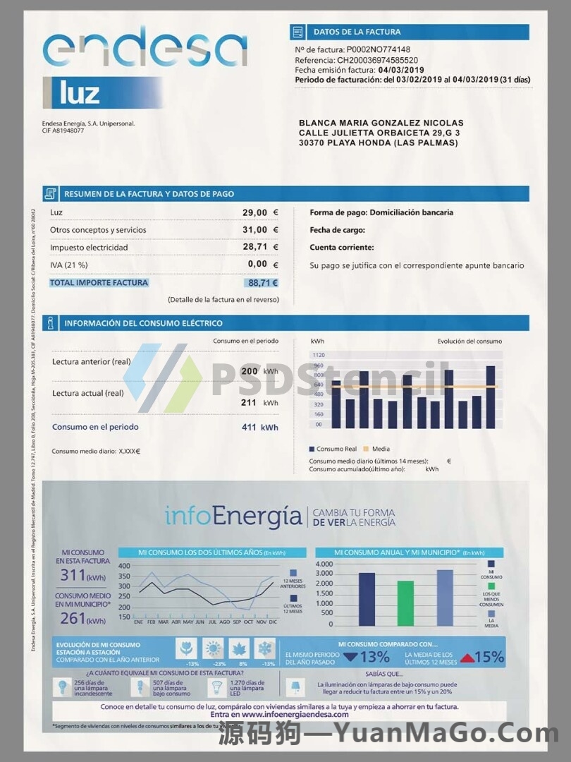 欧盟|Spanish Endesa Utility Bills西班牙水电费账单模版/KYC地址证明PS模版/PSD模板-源码狗
