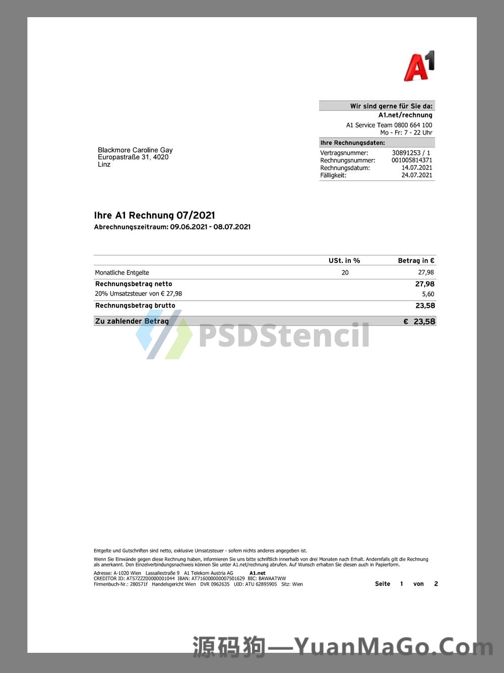 Austria A1 Telekom Phone Utility Bill奥地利话费账单pdf模板-源码狗