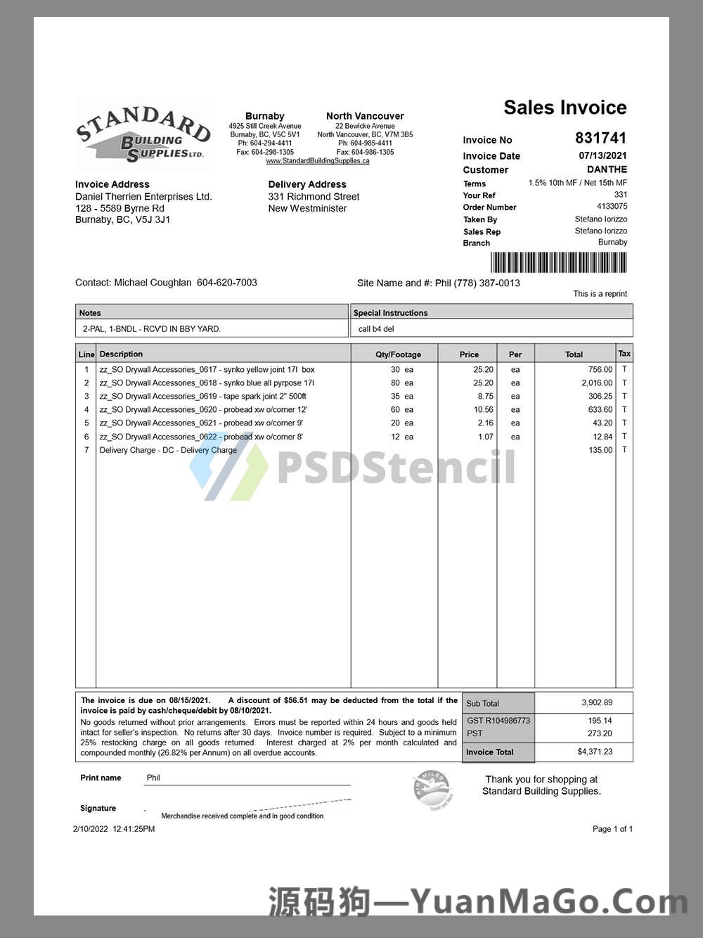 Canada Standard Building Supplies Sales Invoice加拿大建材公司销售账单pdf&word模板-源码狗