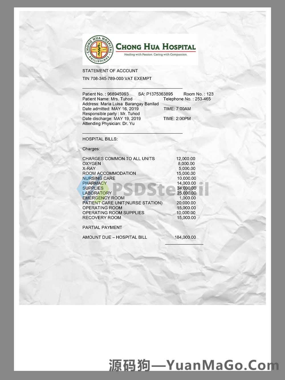 东南亚|Philippines Chong Hua Hospital Invoice菲律宾重华医院账单word模板-源码狗