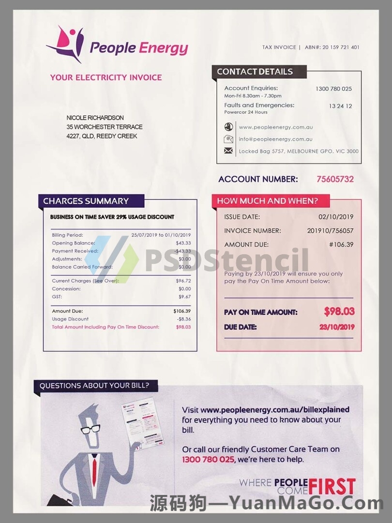 澳洲|Australia People Energy Utility Bills澳大利亚水电费账单模版/KYC地址证明psd模版/ps模板-源码狗