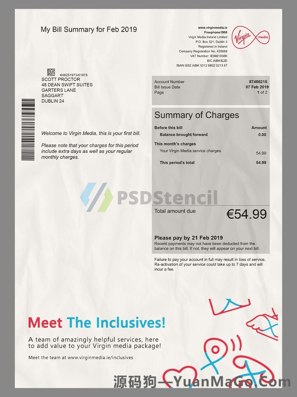 欧盟|Ireland Virgin Media Telecom Invoice英国维珍电信模版/话费账单PS模版/PSD模板-源码狗