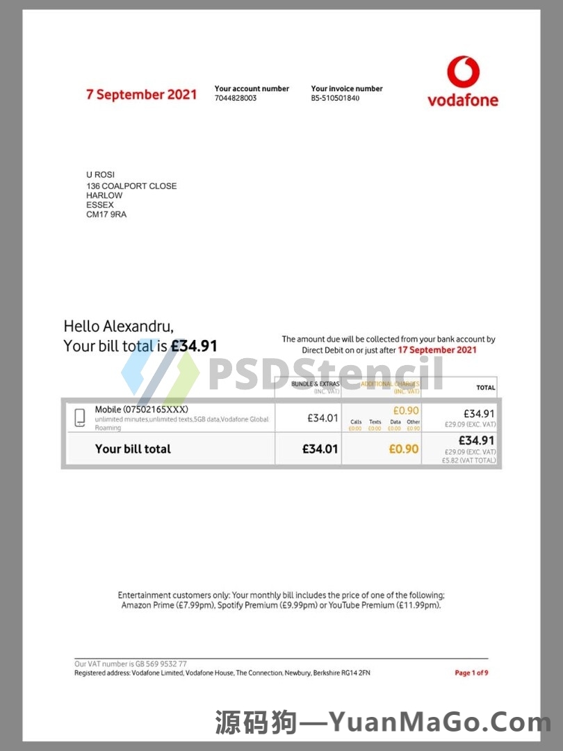 Vodafone Telecom Invoice网费模版/话费账单模版/KYC地址证明pdf模板-源码狗