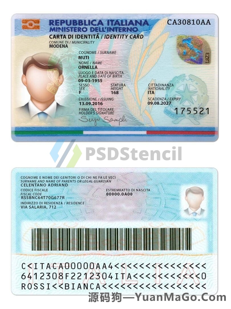 欧盟|Italy意大利ID卡模版/身份卡PSD模版/photoshop/PS模板-源码狗