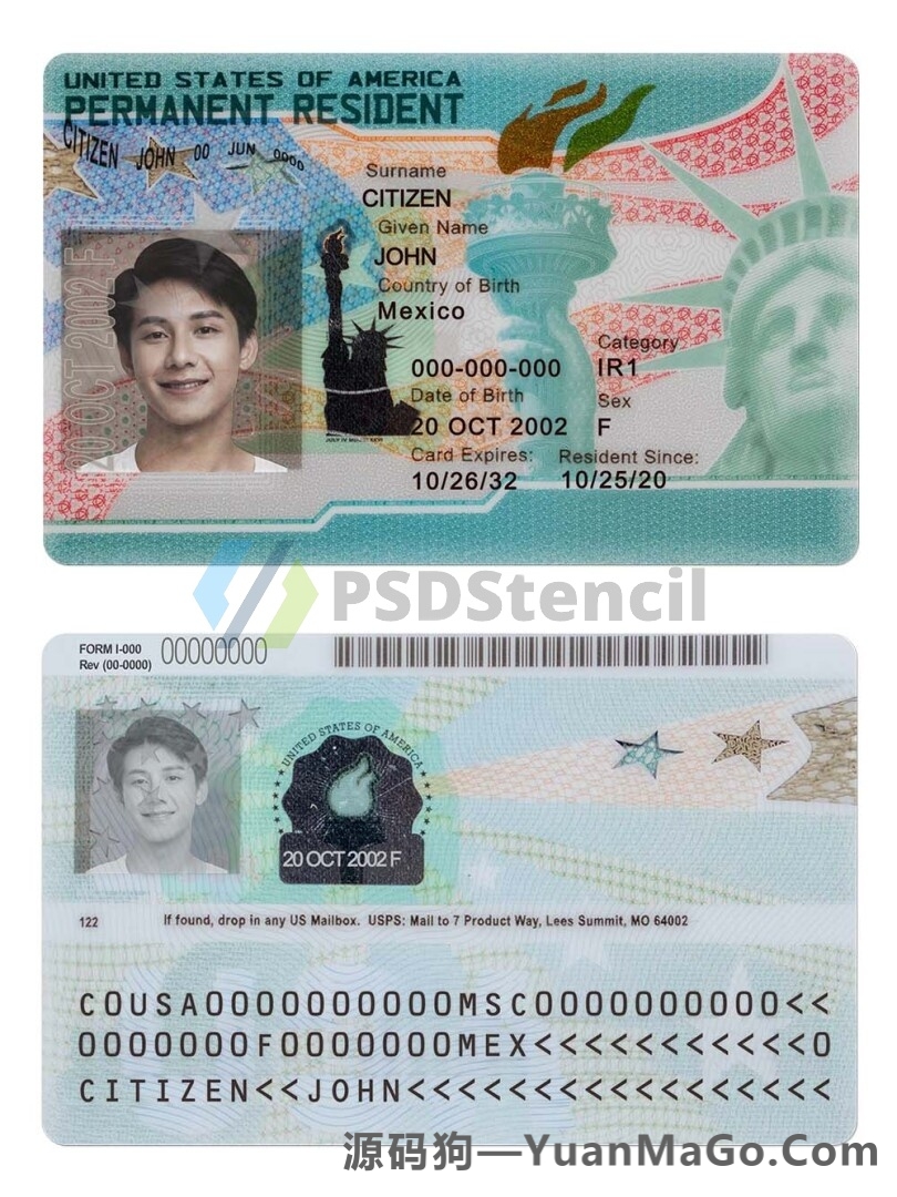 USA Green Card Template(Permanent Resident)美国绿卡模版/永居卡PSD模板(V2)-源码狗