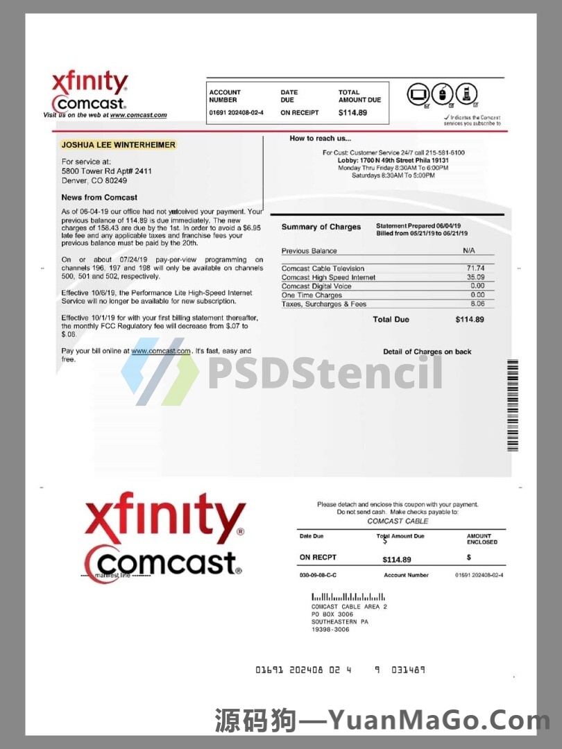 USA Xfinity Comcast Invoice美国无线通信电视模版/宽带模版/话费账单pdf模板-源码狗