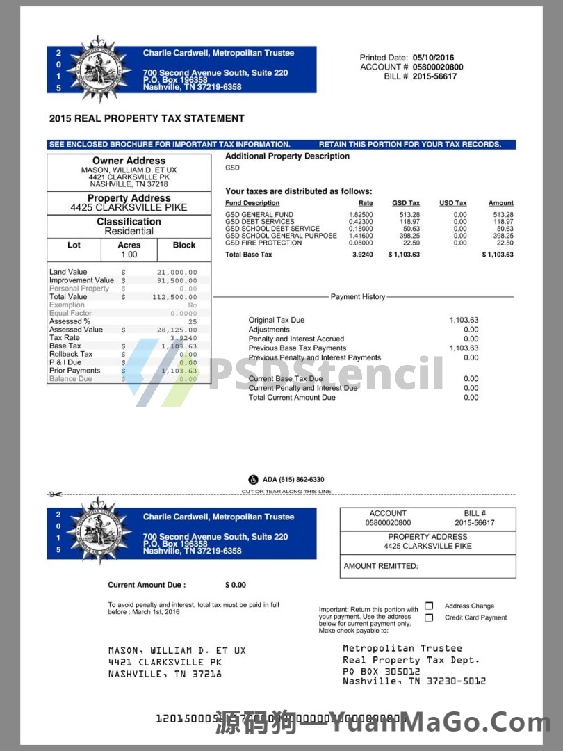 USA Tennessee Nashville Real Property Tax Statement美国田纳西房产税word模版/pdf模板-源码狗