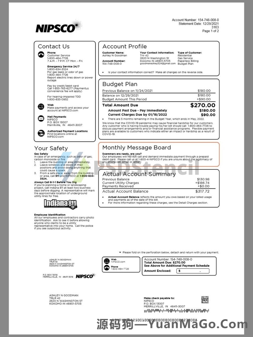 USA Indiana NIPSCO Utility Bills美国印第安纳州水电费账单word模版/pdf模板-源码狗