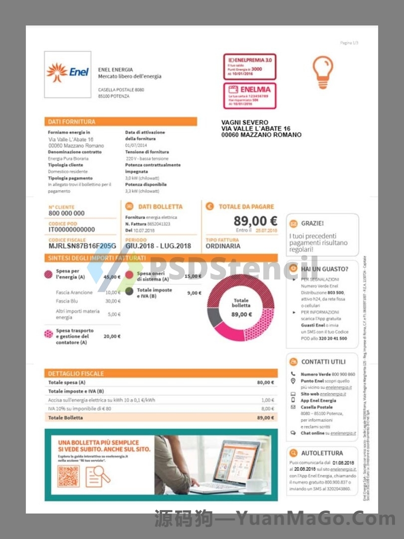 欧盟|意大利Italy Enel Electricity Utility Bills水电费账单模版/KYC地址证明psd模板-源码狗