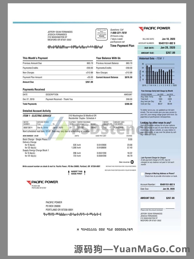 USA Pacific Power Utility Bills美国太平洋电力水电费账单word模版/pdf模板-源码狗