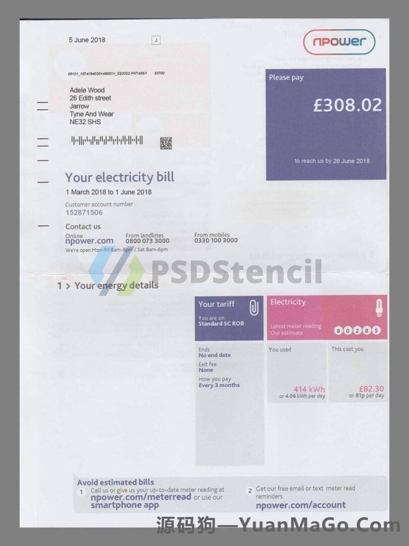 英国UK NPower Electricity Utility Bills水电费账单模版/KYC地址证明psd模板-源码狗