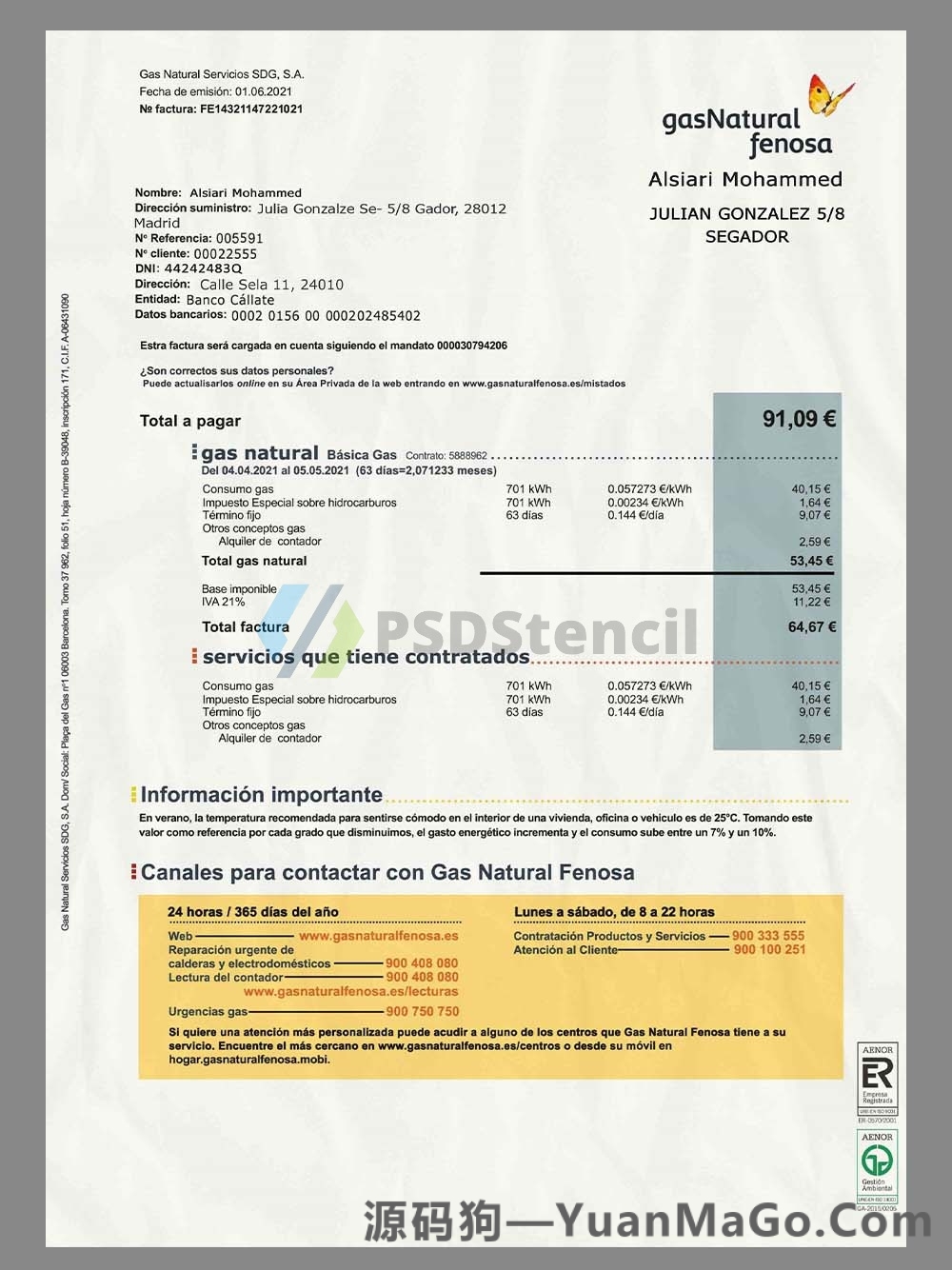 西班牙|南美 Gas Natural Utility Bills水电费账单模版/KYC地址证明PS模版/PSD模板-源码狗