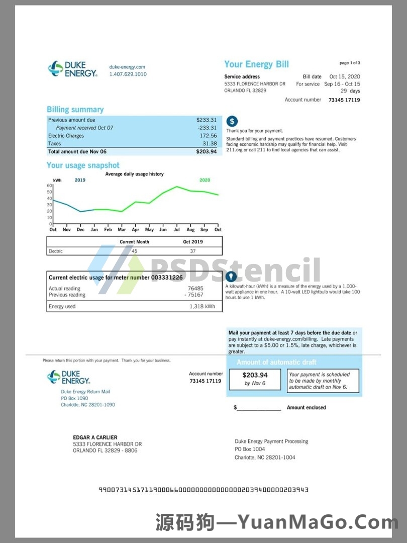 北美|USA Duke Energy Utility Bills美国水电费账单模版/KYC地址证明pdf模板-源码狗
