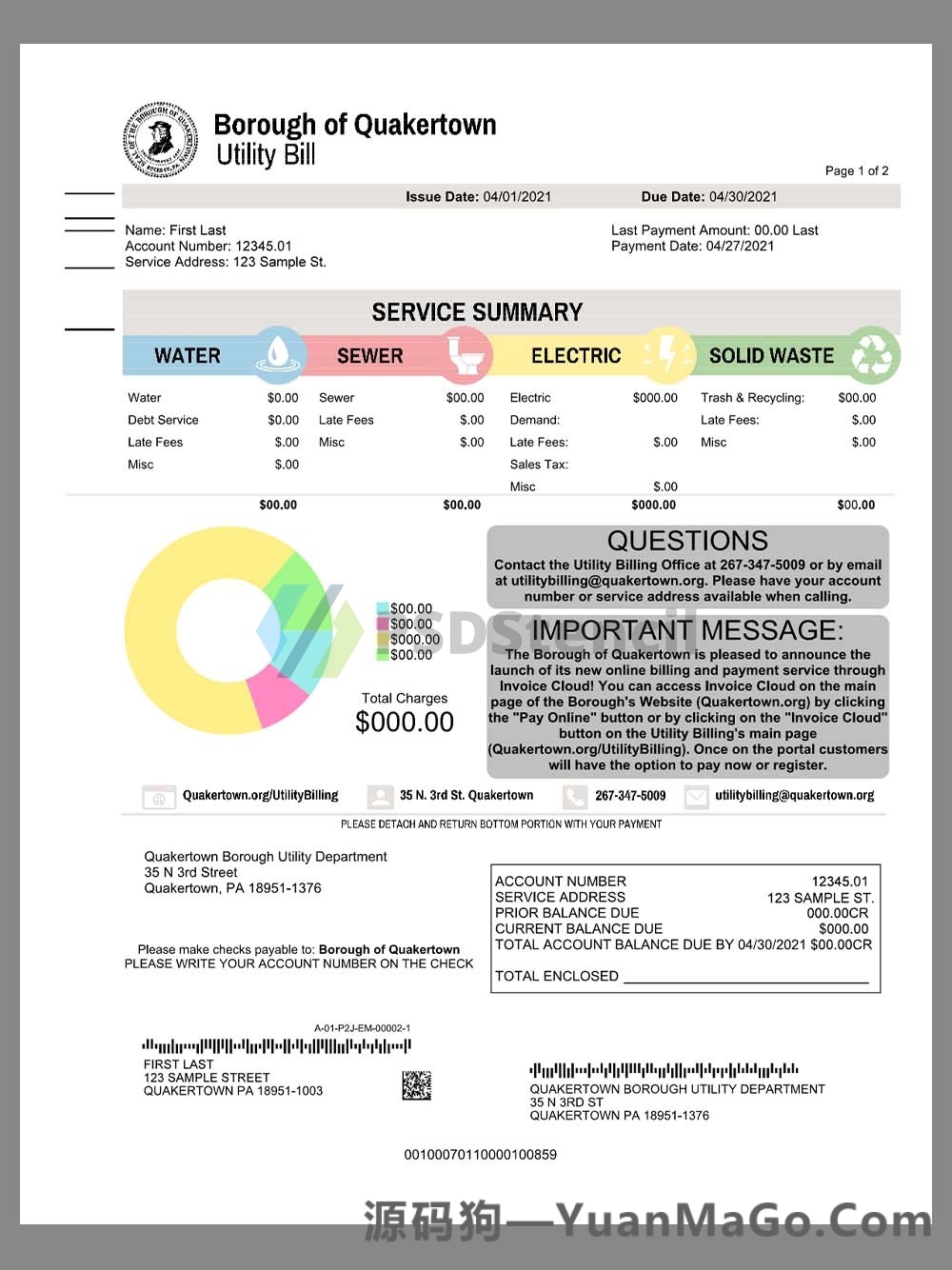 USA Pennsylvania Borough of Quakertown Water Bills美国宾州水费账单pdf&word模板-源码狗