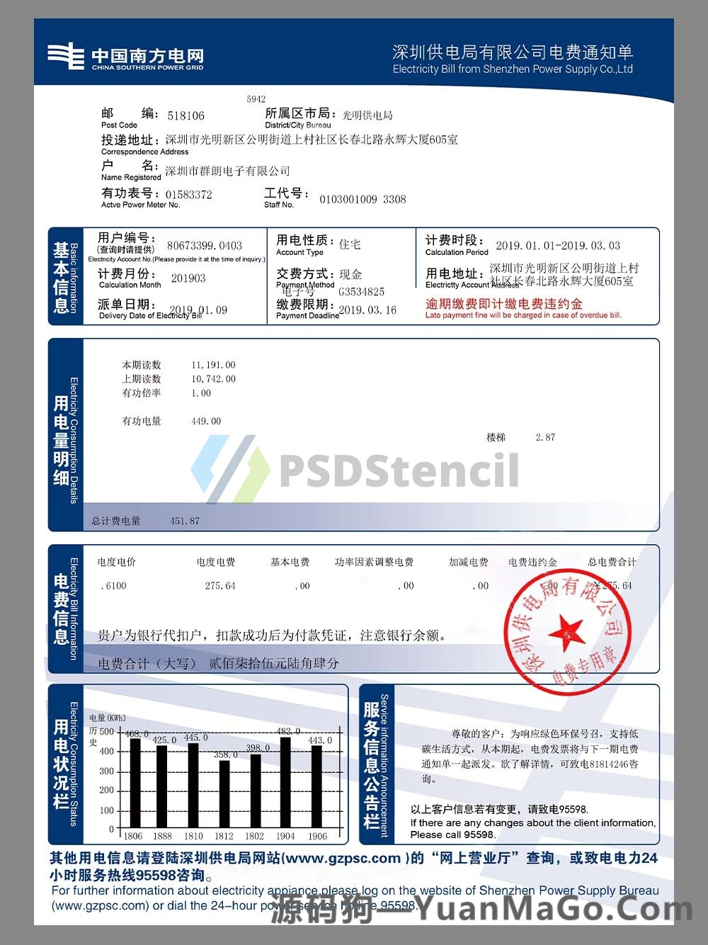 China Southern Power Grid Utility Bills南方电网水电费账单PS模版/PSD模板-源码狗