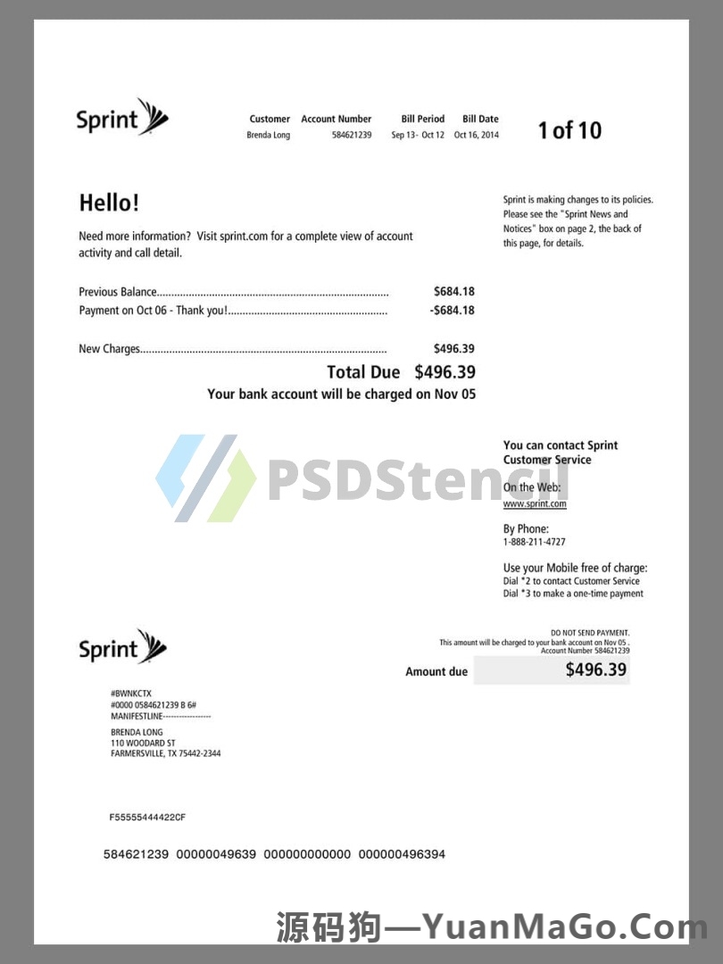 美国USA Sprint Cell Phone Bill电话水电费账单模版/KYC地址证明pdf模板-源码狗