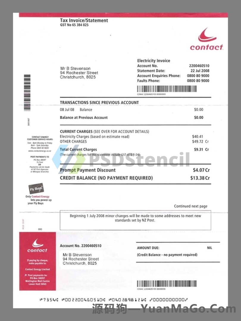 新西兰New Zealand Contact Company Utility Bills水电费账单模版/KYC地址证明psd模板-源码狗