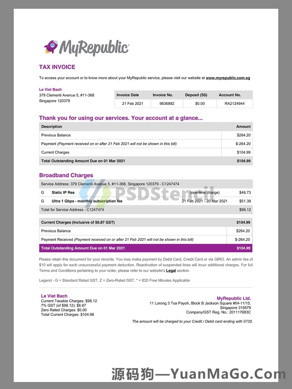 东南亚|Singapore Myrepublic Mobile Invoice新加坡话费带宽账单Pdf模板-源码狗